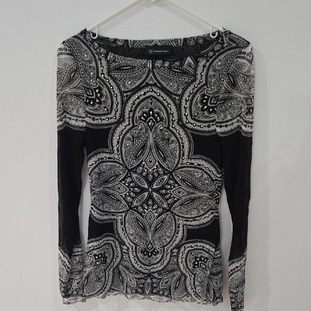 INC International Concepts Womens Black and White Paisley Long Sleeve Shirt